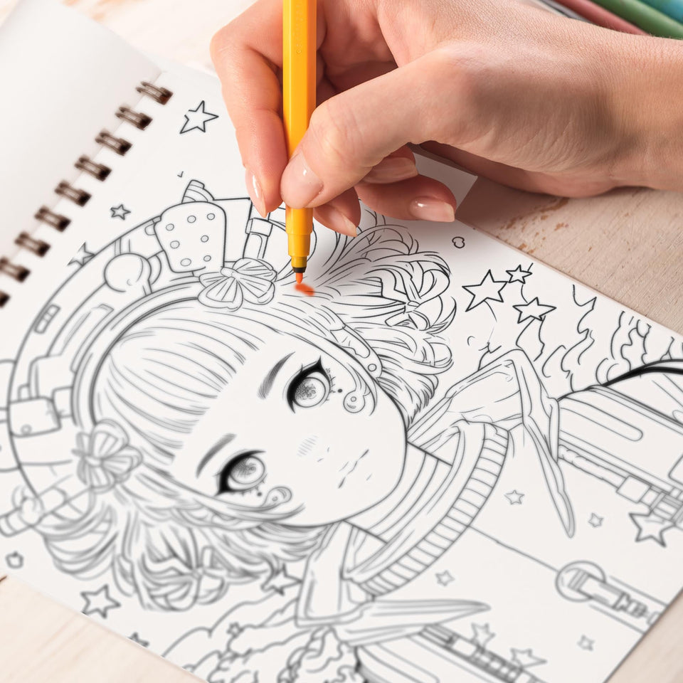 Stress Relief Anime Space Girl Spiral Bound Coloring Book, Find Inner Peace with 30 Meditative Coloring Pages, Depicting Anime Space Girls in Tranquil Cosmic Settings