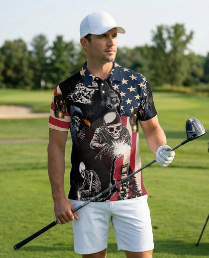 Welder Skull USA Flag 3D Polo Shirt for Men – American Welding Patriotic Style | Azhobbyshop