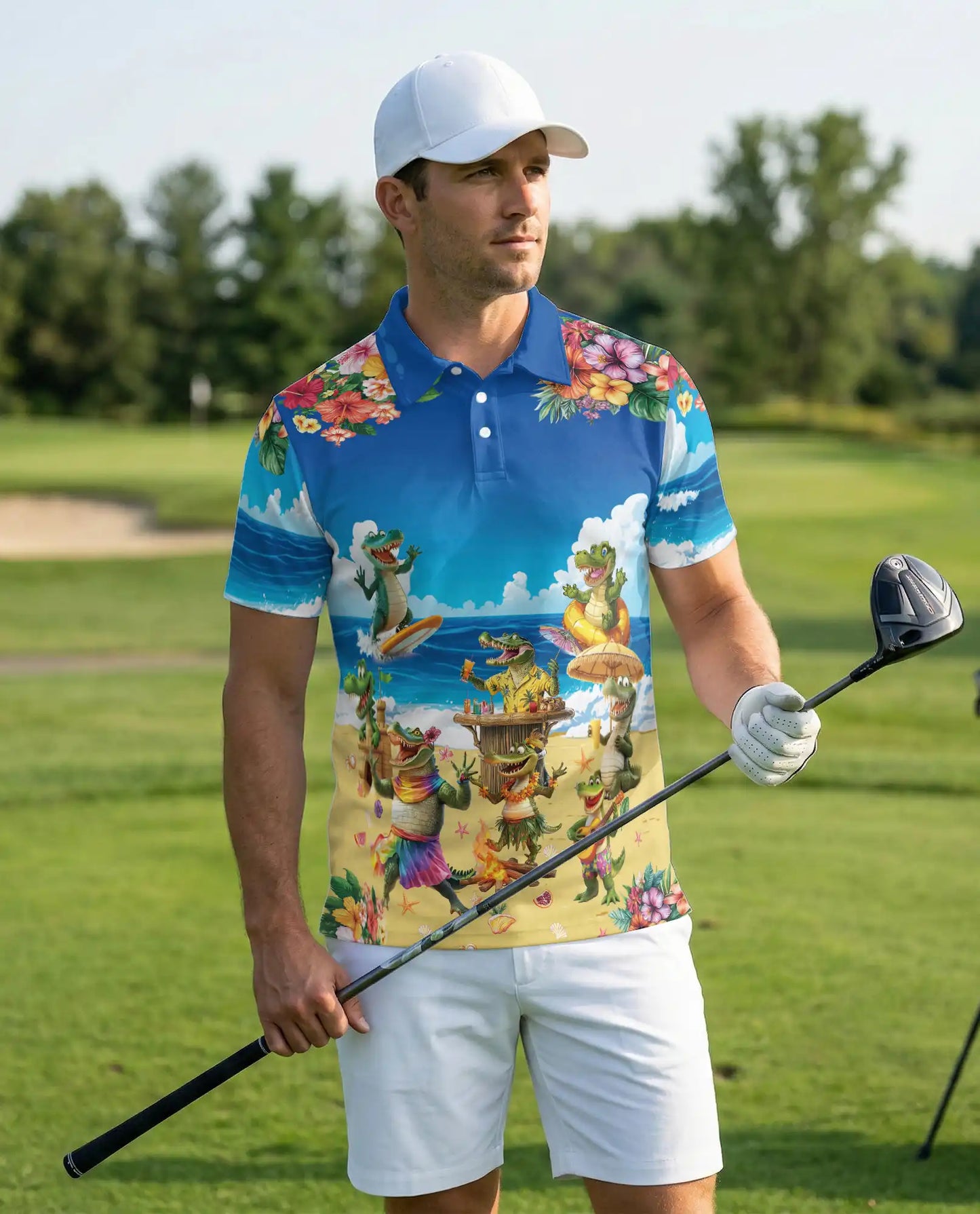 Crocodile Alligator Tropical Beach Hawaiian Polo Shirt | Azhobbyshop