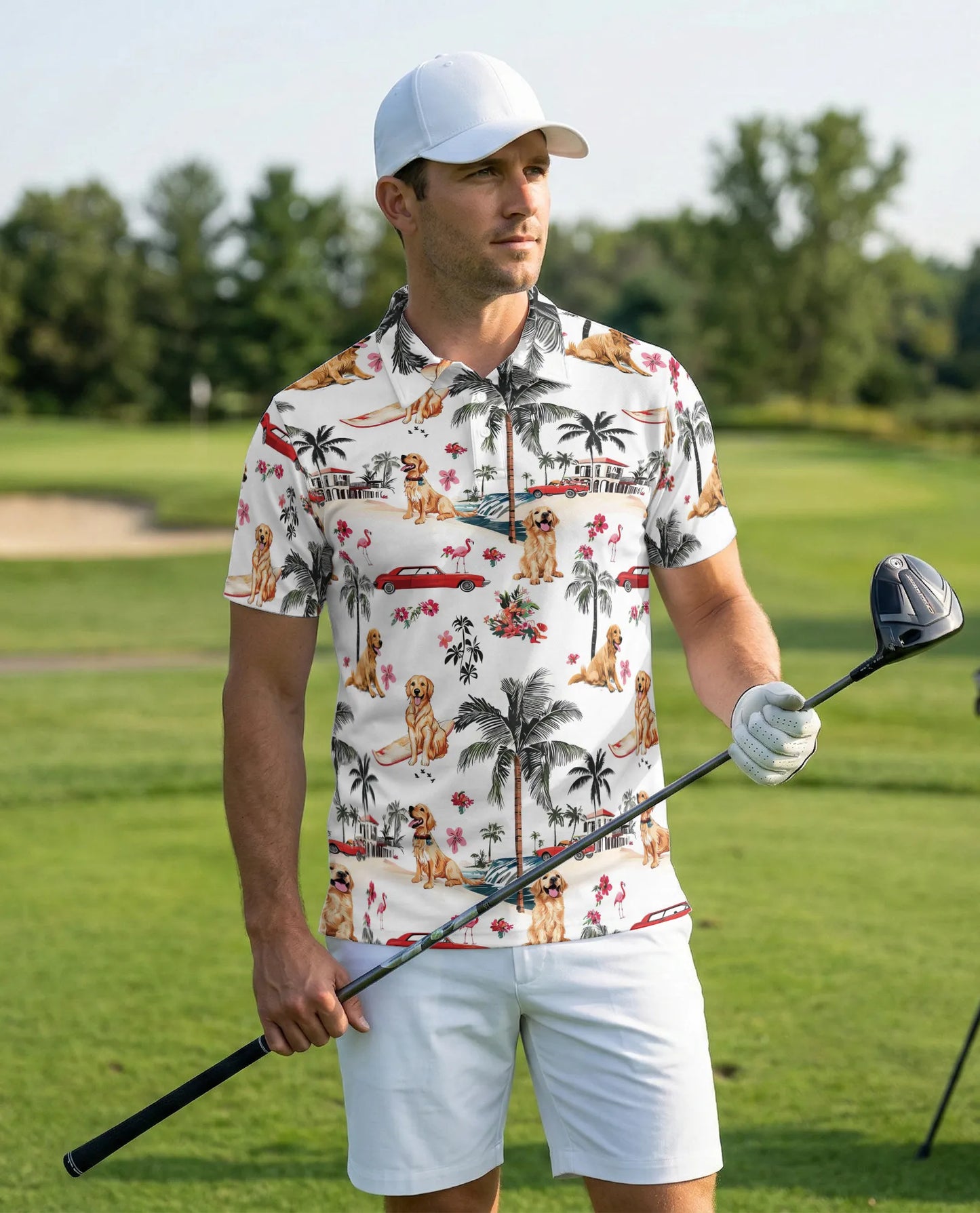 Golden Retriever Hawaiian 3D Polo Shirt for Men – Tropical Dog Beach Style | Azhobbyshop