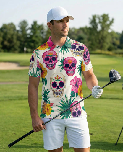 Sugar Skull Tropical 3D Polo Shirt for Men – Floral Day of the Dead Print | Azhobbyshop