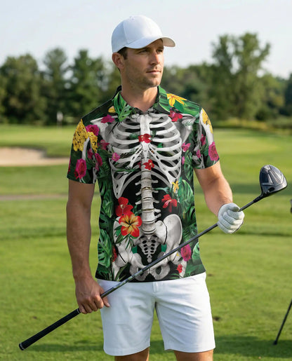 Skeleton Flowers Polo Shirt – Floral Skull Anatomy 3D Graphic | Azhobbyshop