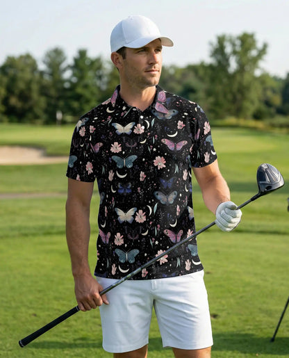 Butterfly Night Sky 3D Polo Shirt for Men – Floral Moon Aesthetic Design | Azhobbyshop