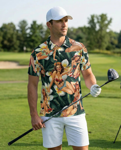 Vintage Pin Up Girl Hawaiian Polo Shirt- Retro Beach Style | Azhobbyshop