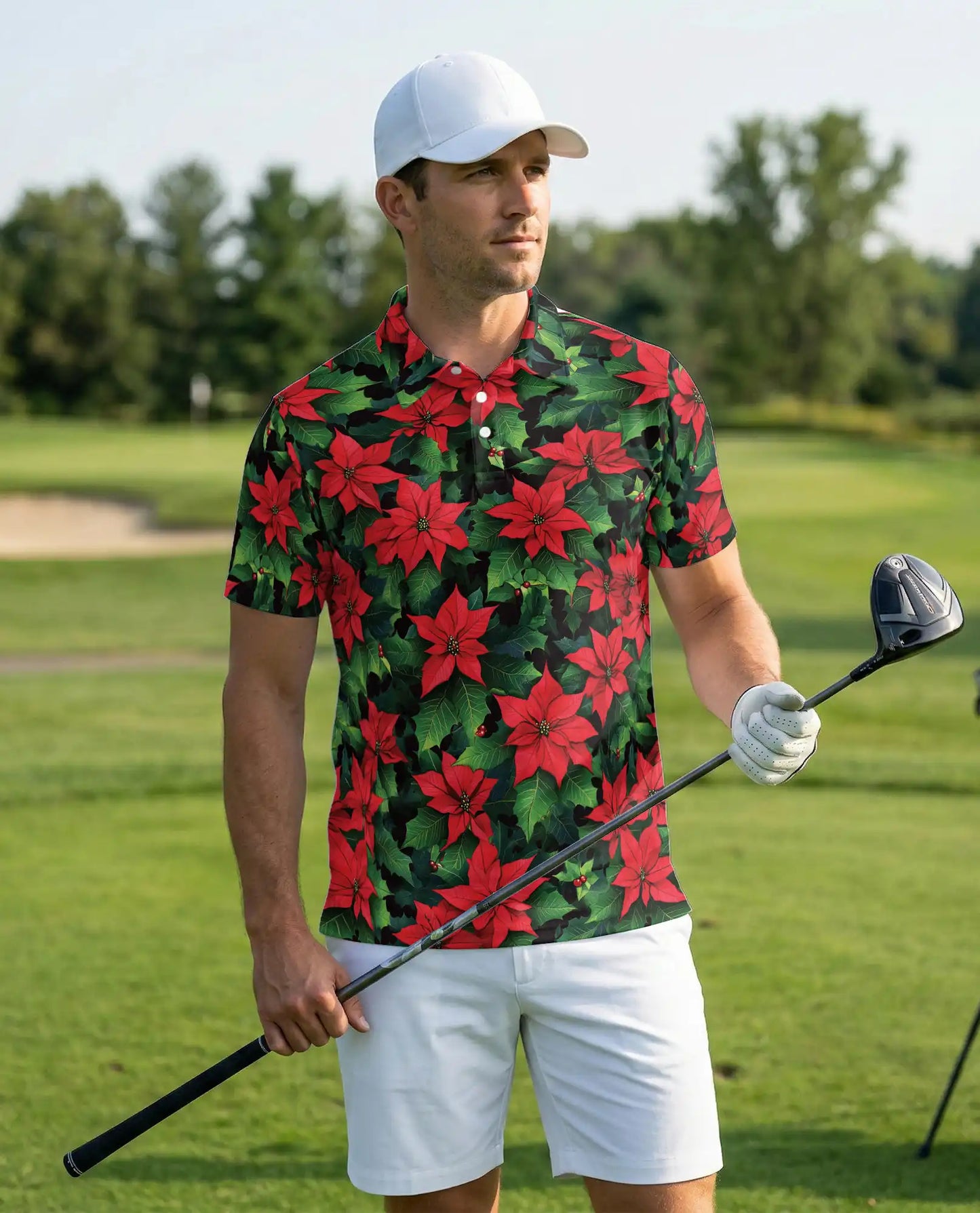 Poinsettia Floral Polo Shirt – Red Green Holiday Flower Print | Azhobbyshop