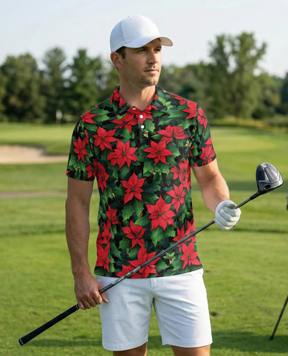 Poinsettia Floral Polo Shirt – Red Green Holiday Flower Print | Azhobbyshop