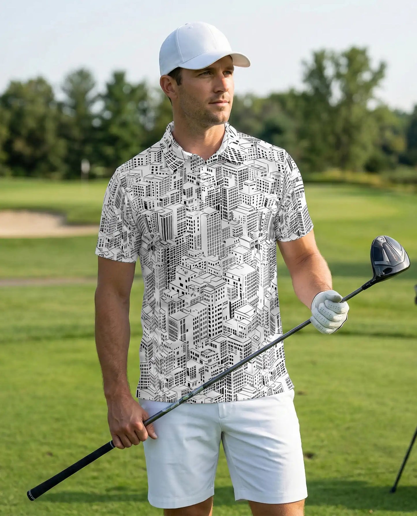 City Buildings 3D Polo Shirt for Men – Black & White Urban Architecture Print | Azhobbyshop