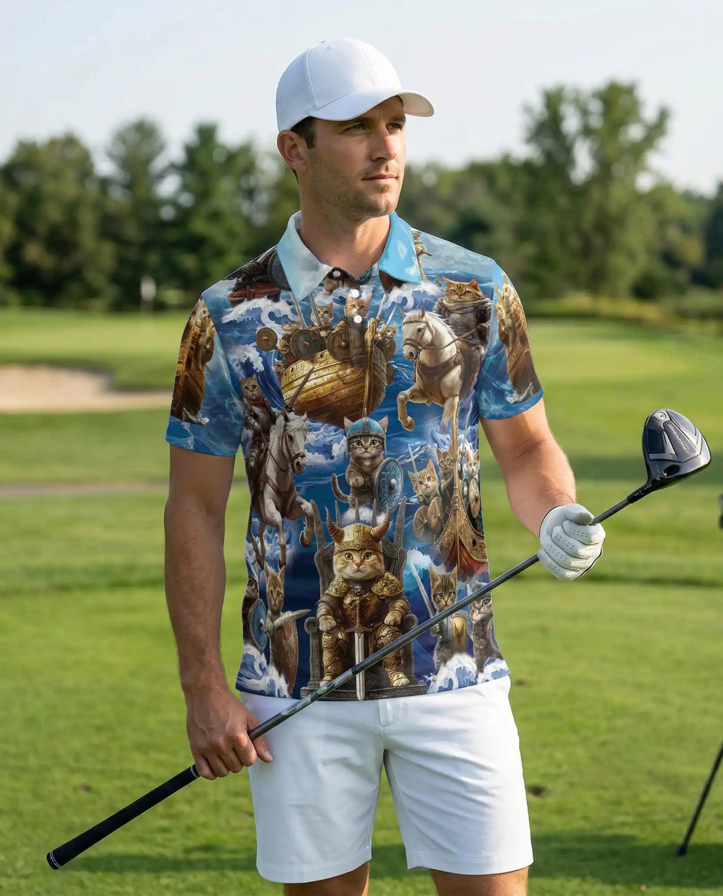 Fantasy Warrior Cat Polo Shirt – Epic Battle Cat Riding Print | Azhobbyshop