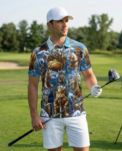 Fantasy Warrior Cat Polo Shirt – Epic Battle Cat Riding Print | Azhobbyshop