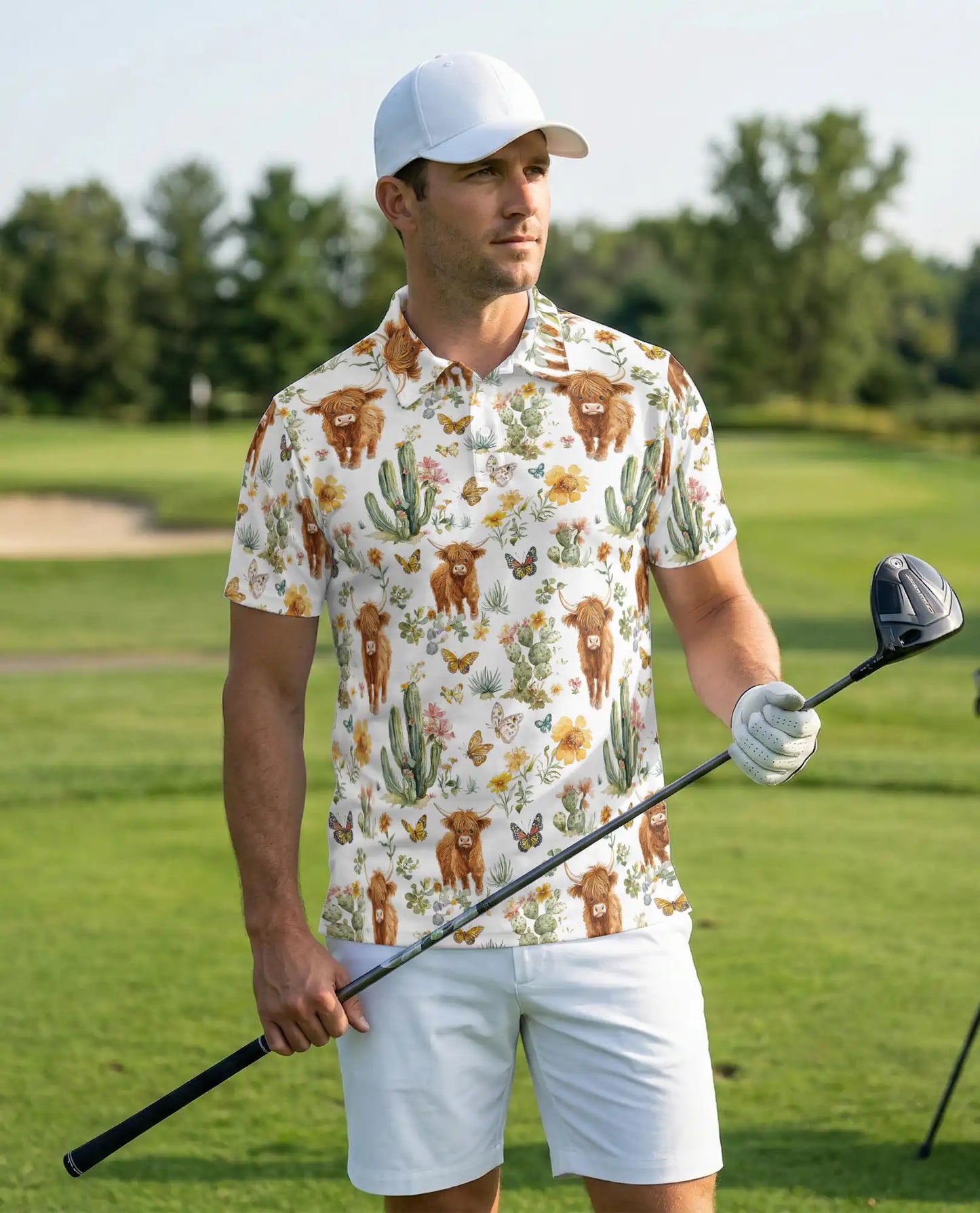 Highland Cow & Cactus 3D Polo Shirt for Men – Rustic Western Nature Print | Azhobbyshop