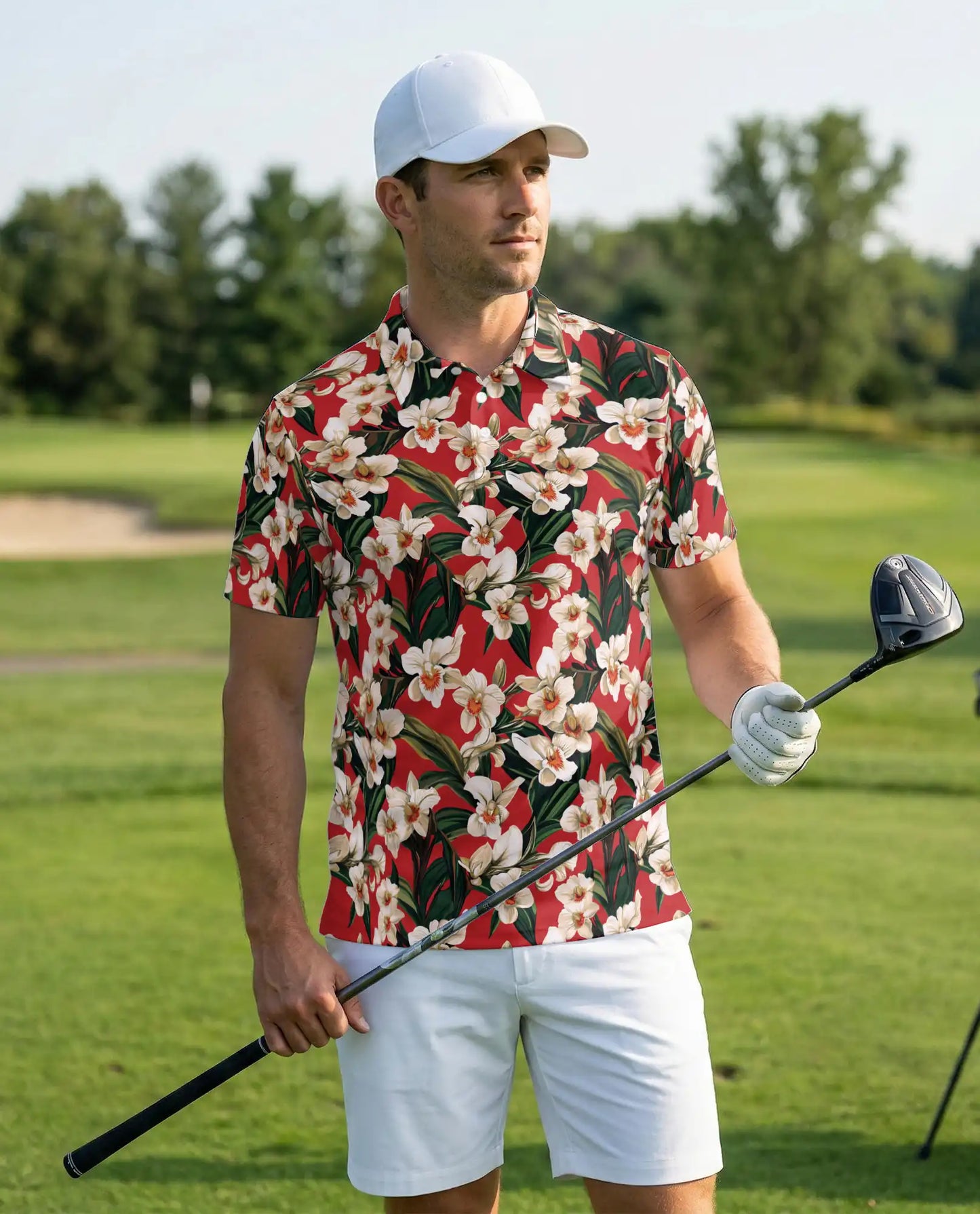 Orchid Ginger 3D Polo Shirt for Men – Tropical Floral Red Print | Azhobbyshop