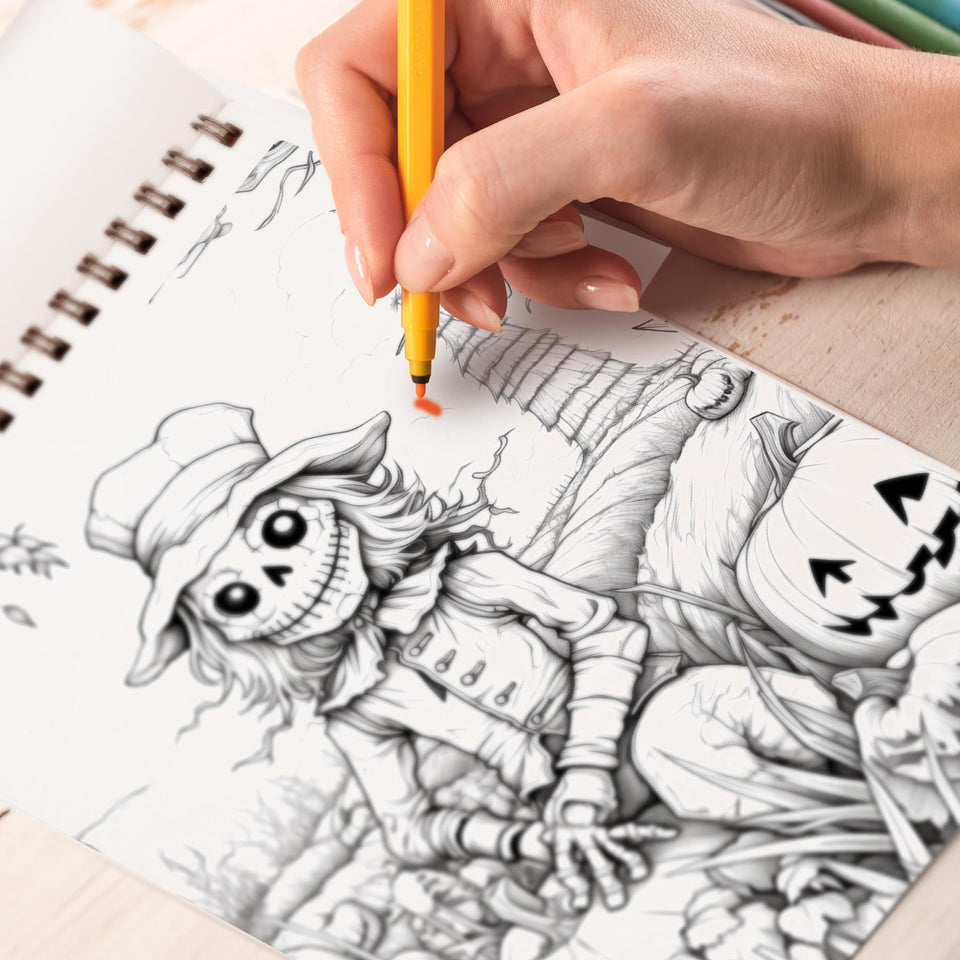 Creepy Scarecrow Spiral Bound Coloring Book, Rediscover Relaxation through the Macabre Beauty of Scarecrows in this Adult Coloring Book