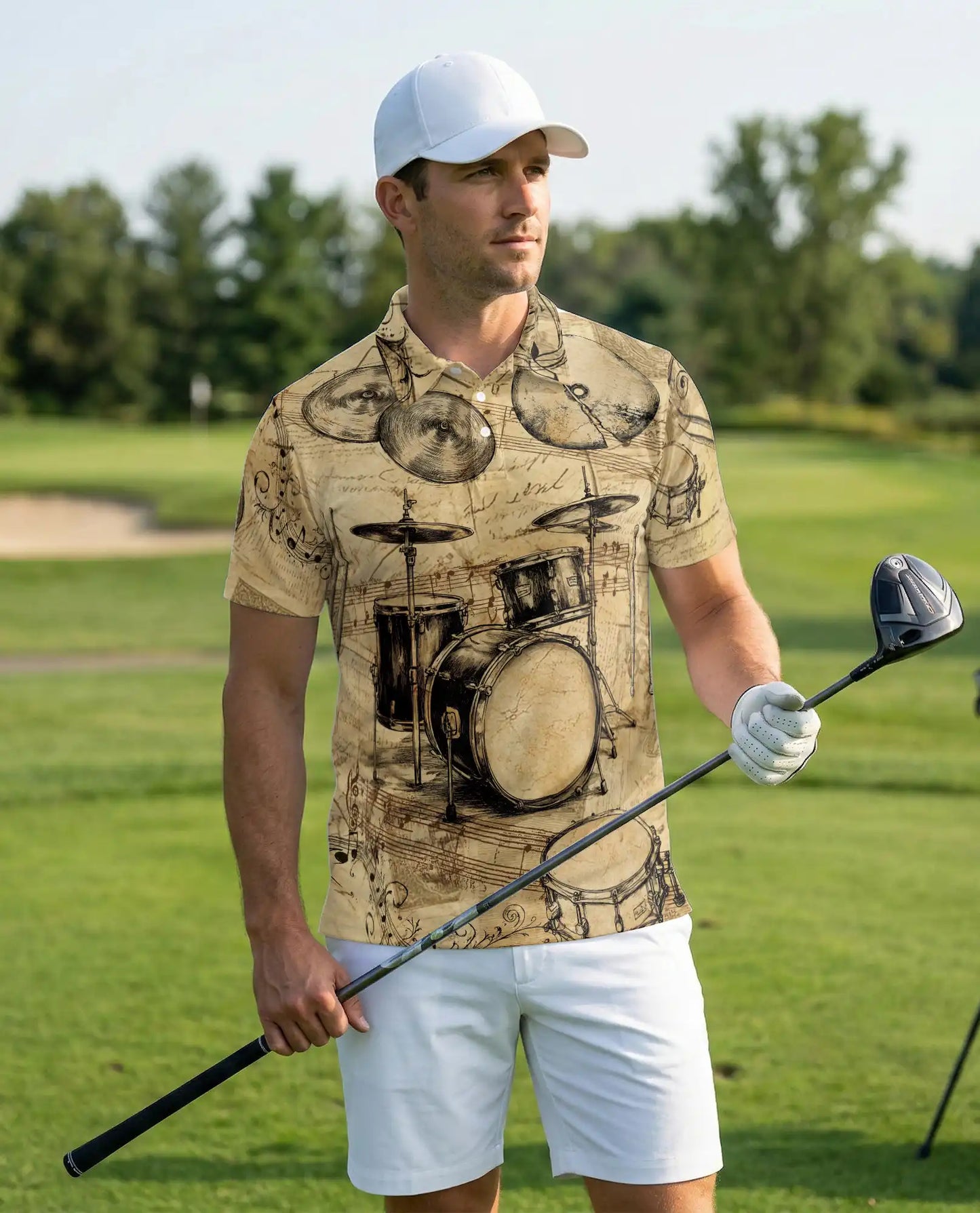 Drum Set 3D Polo Shirt for Men – Vintage Musician Drummer Style | Azhobbyshop
