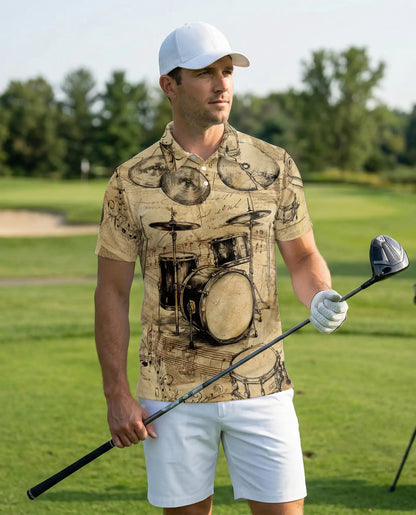 Drum Set 3D Polo Shirt for Men – Vintage Musician Drummer Style | Azhobbyshop