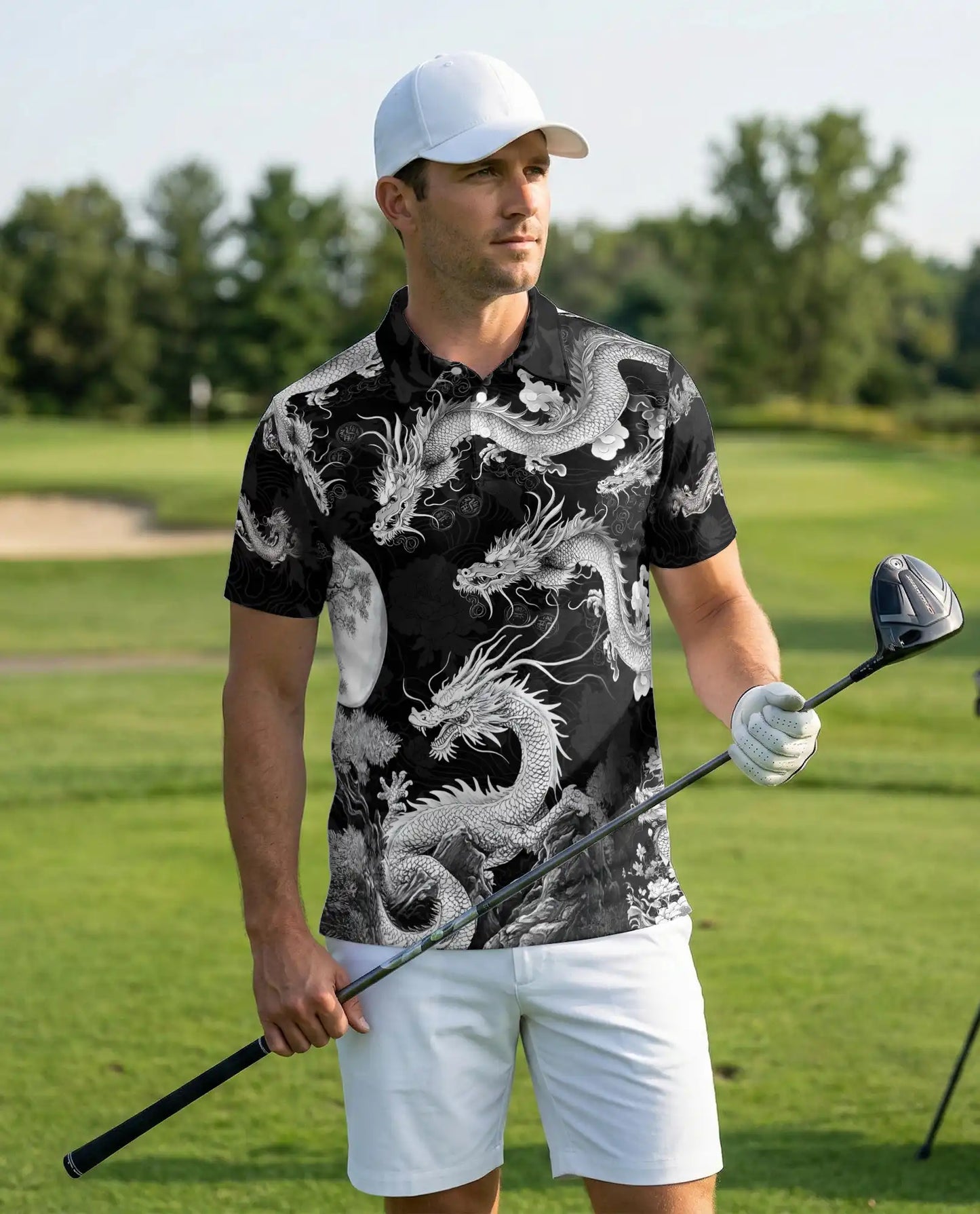Japanese Dragon 3D Polo Shirt – Black White Oriental Art Style | Azhobbyshop