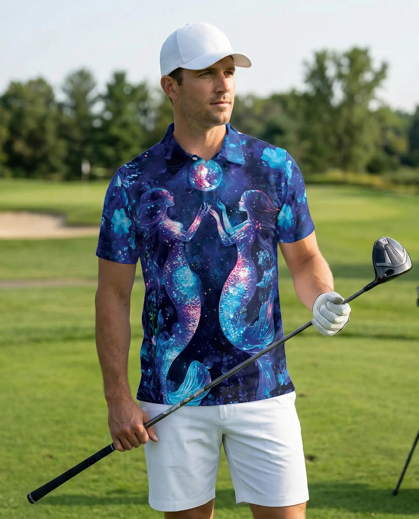 Galaxy Mermaid 3D Polo Shirt for Men – Fantasy Ocean Night Sky Design | Azhobbyshop
