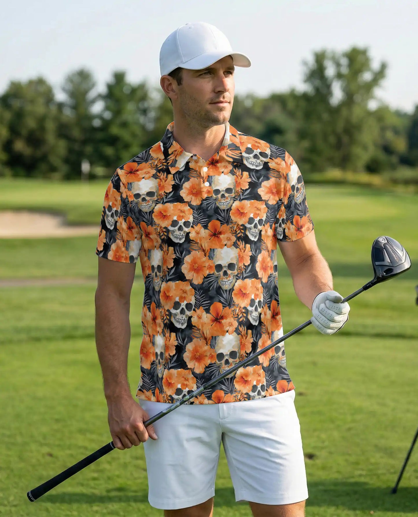 Orange Skull 3D Polo Shirt for Men – Tropical Floral & Skull Print | Azhobbyshop