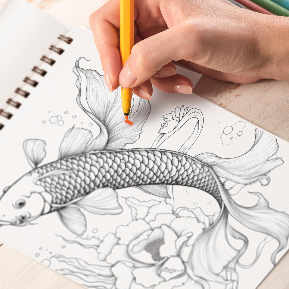 Koi Fish Spiral Bound Coloring Book, Unleash Your Creativity with 30 Coloring Pages, Capturing the Harmony and Serenity of Koi Fish in Peaceful Water Gardens