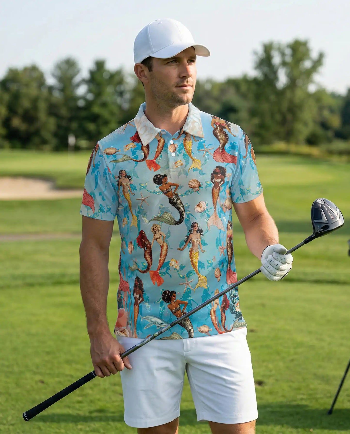 Lovely Mermaid Sea 3D Polo Shirt for Men – Cute Ocean Fantasy Hawaiian Style | Azhobbyshop