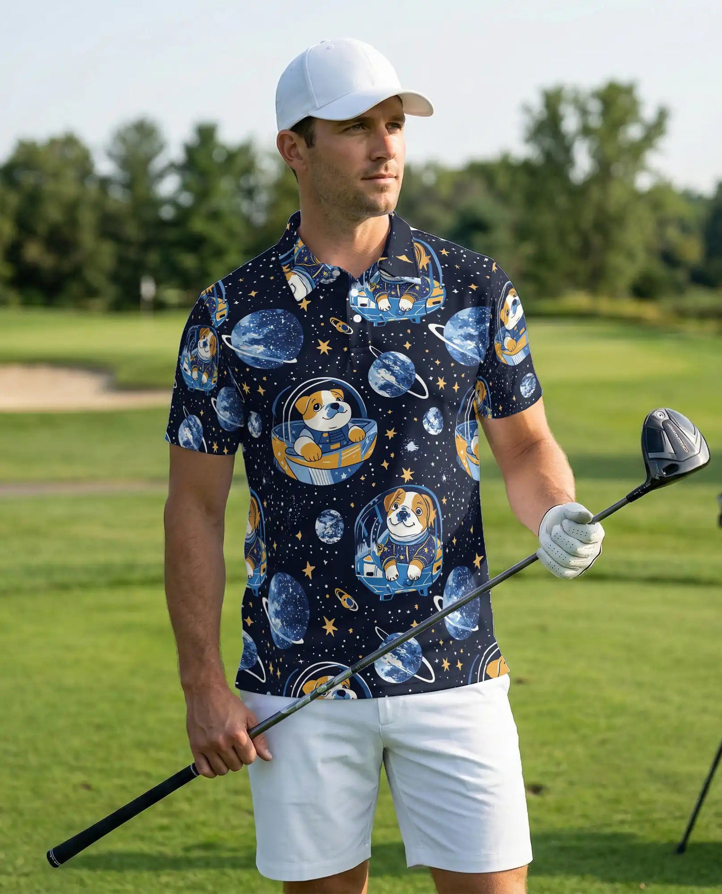 Space Dog 3D Polo Shirt for Men – Cute Astronaut Puppy Galaxy Style | Azhobbyshop