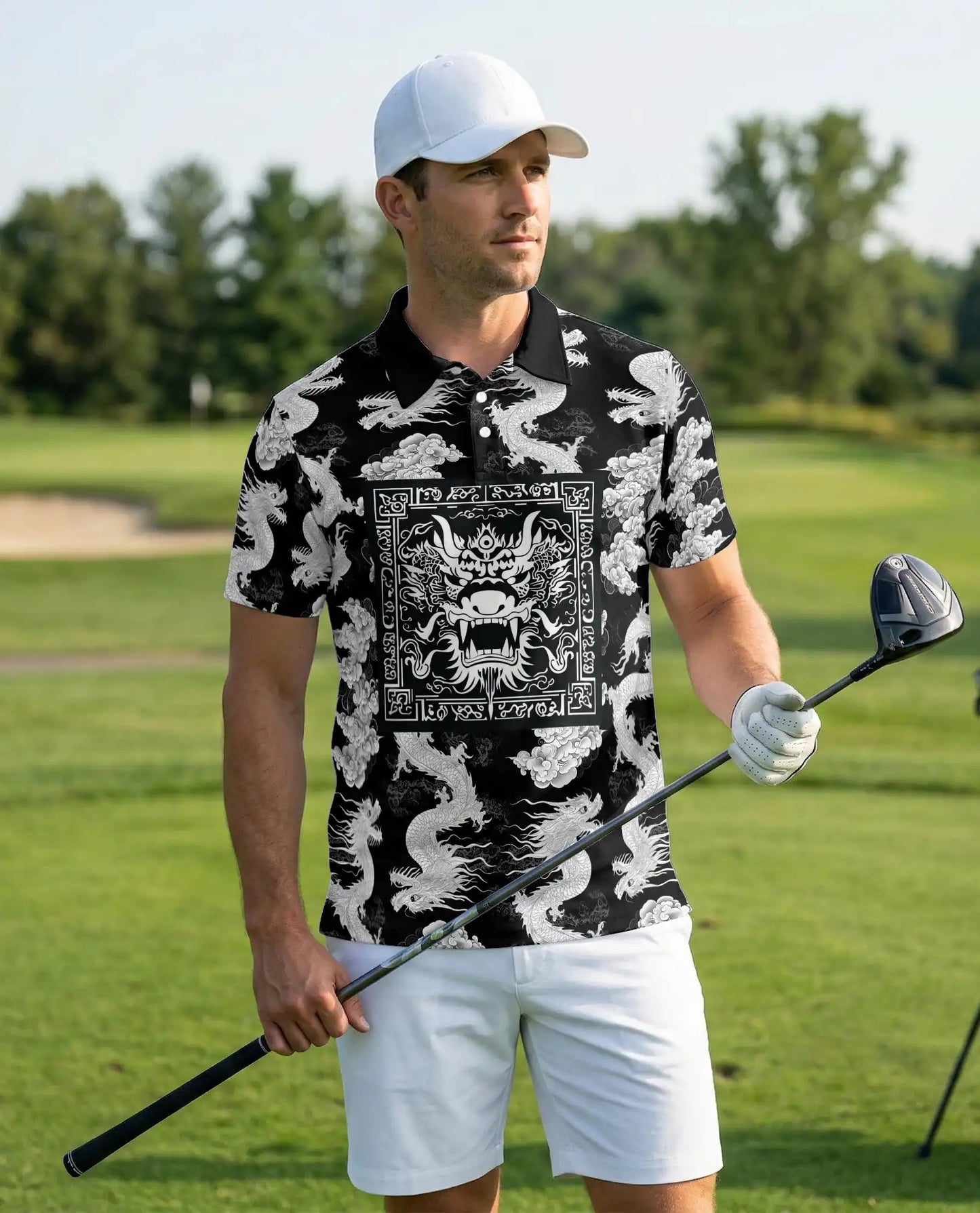 Japanese Dragon Sakura 3D Polo Shirt – Black White Oriental Art | Azhobbyshop