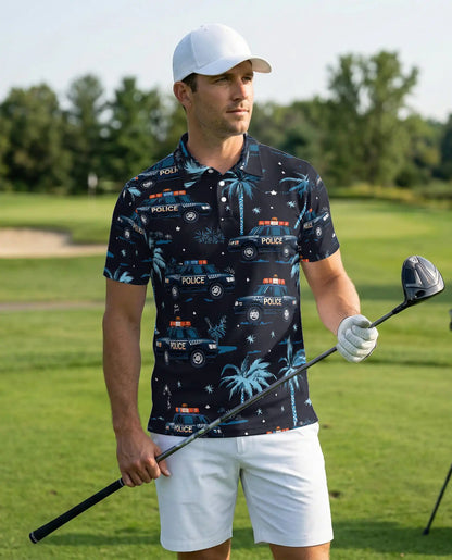 Police Car Polo Shirt – Tropical Night Patrol 3D Graphic | Azhobbyshop