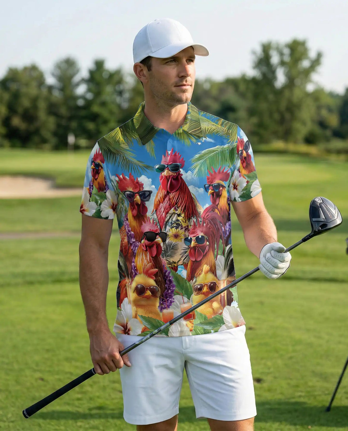 Funny Rooster 3D Polo Shirt – Tropical Hawaiian Style | Azhobbyshop