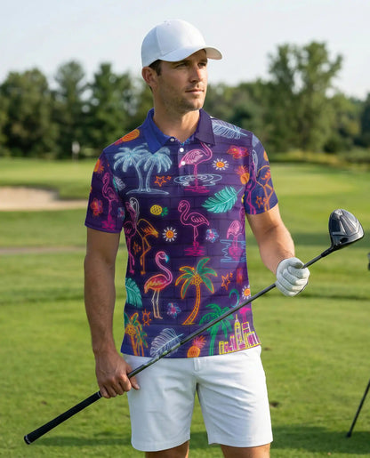 Neon Flamingo 3D Polo Shirt for Men – Tropical Night Glow Print | Azhobbyshop