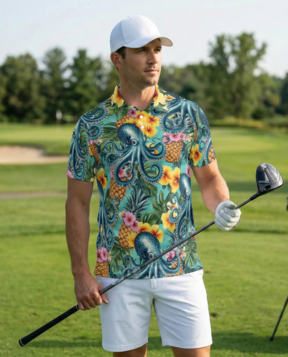 Octopus Hawaiian Polo Shirt -Tropical Pineapple Beach Style | Azhobbyshop