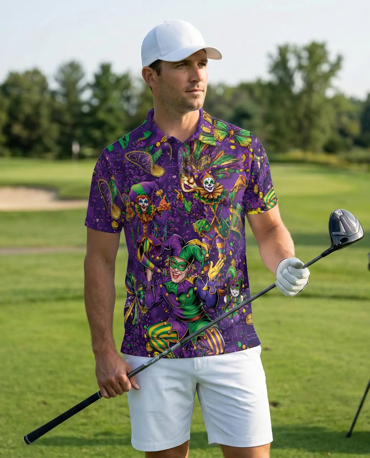 Mardi Gras Jester Mask Purple Green Polo Shirt | Azhobbyshop