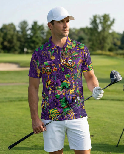 Mardi Gras Jester Mask Purple Green Polo Shirt | Azhobbyshop