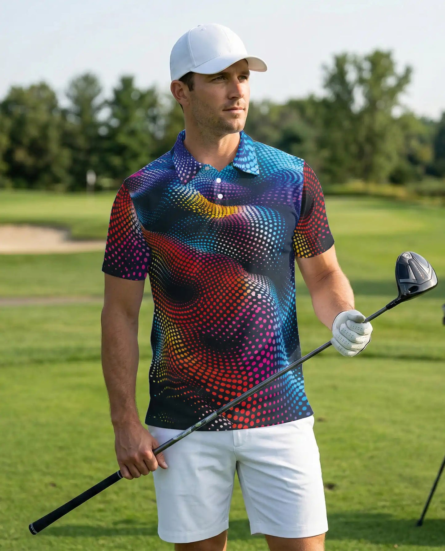 Dynamic Dots 3D Polo Shirt for Men – Abstract Neon Wave Pattern | Azhobbyshop
