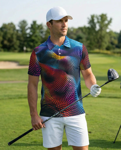 Dynamic Dots 3D Polo Shirt for Men – Abstract Neon Wave Pattern | Azhobbyshop