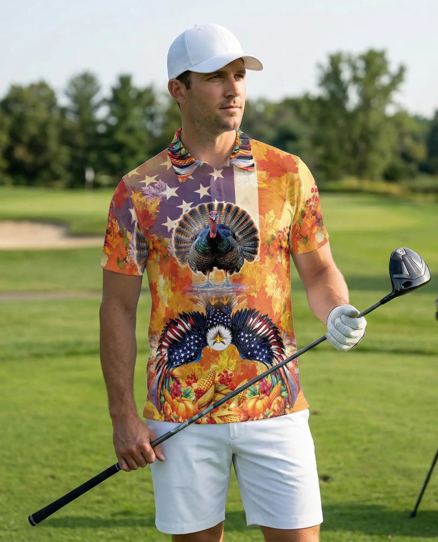Turkey and Eagle Polo Shirt – Patriotic Thanksgiving Fall Harvest 3D Graphic | Azhobbyshop