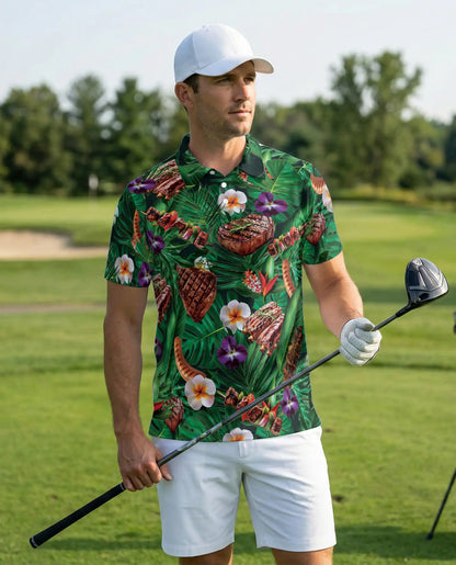 Grilled Steak Tropical Polo Shirt – BBQ Hawaiian Food Pattern | Azhobbyshop