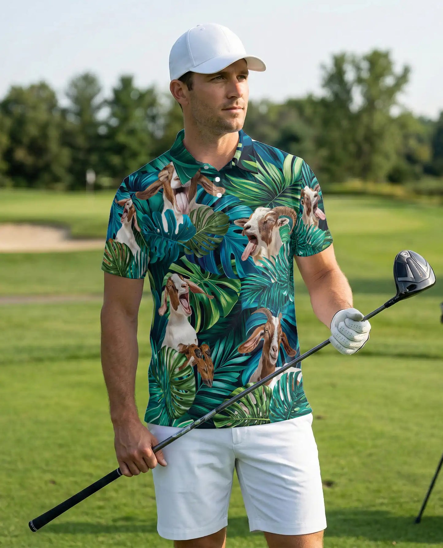 Funny Goat Tropical Polo Shirt – Jungle Leaves Animal Print | Azhobbyshop