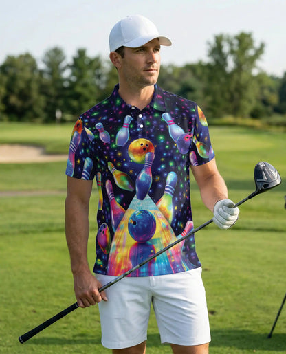 Cosmic Bowling Polo Shirt – Neon Galaxy Bowling 3D Graphic | Azhobbyshop