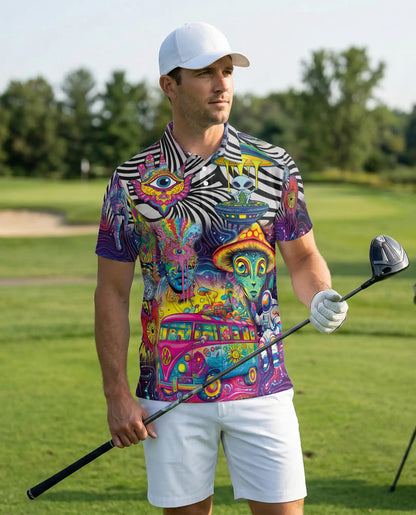 Psychedelic Alien 3D Polo Shirt for Men – Trippy UFO & Hippie Van Print | Azhobbyshop