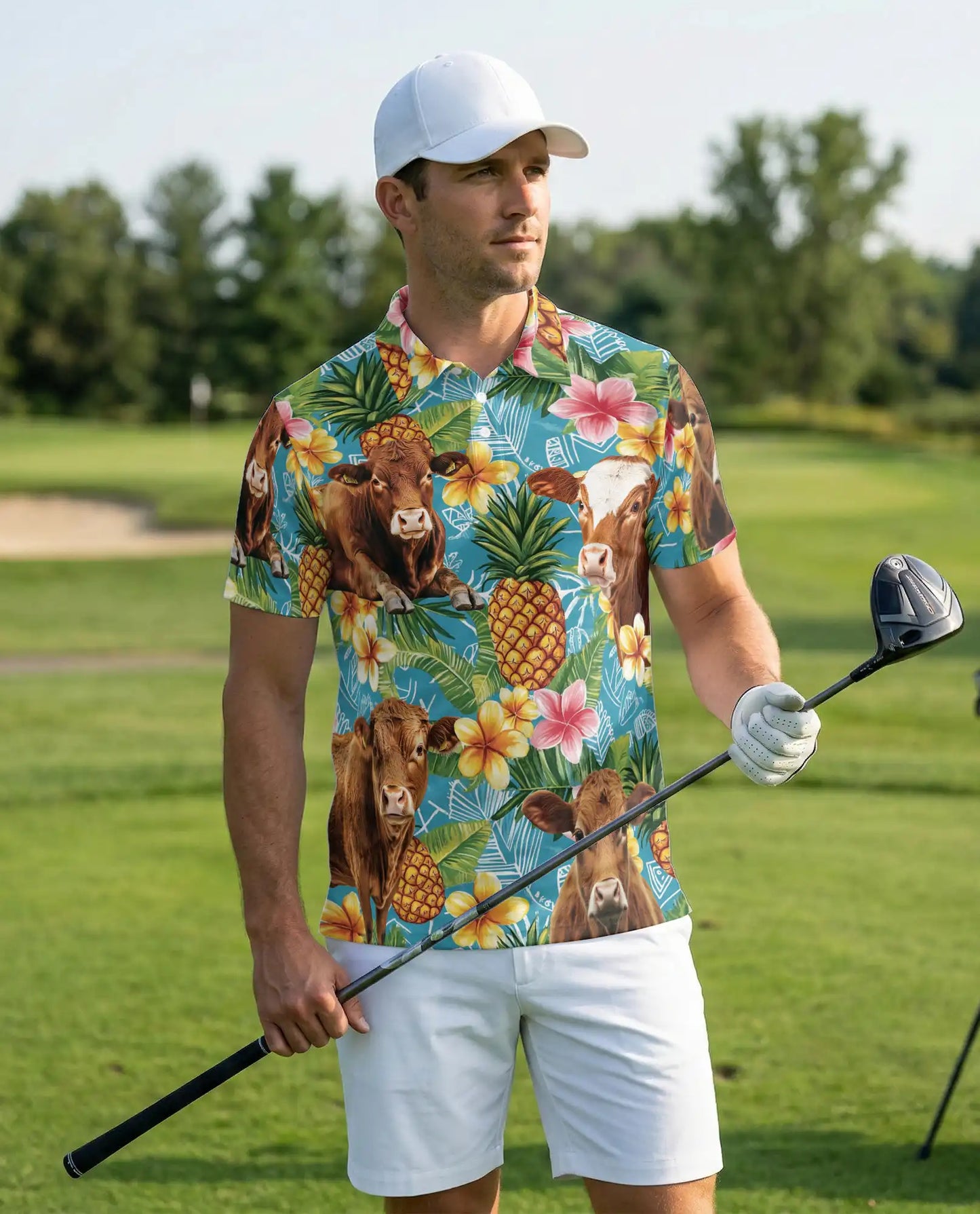 Cow Tropical Pineapple 3D Polo Shirt for Men – Farm Animal Hawaiian Style | Azhobbyshop