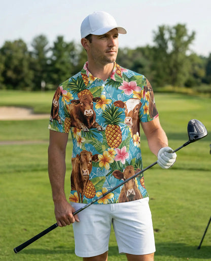 Cow Tropical Pineapple 3D Polo Shirt for Men – Farm Animal Hawaiian Style | Azhobbyshop