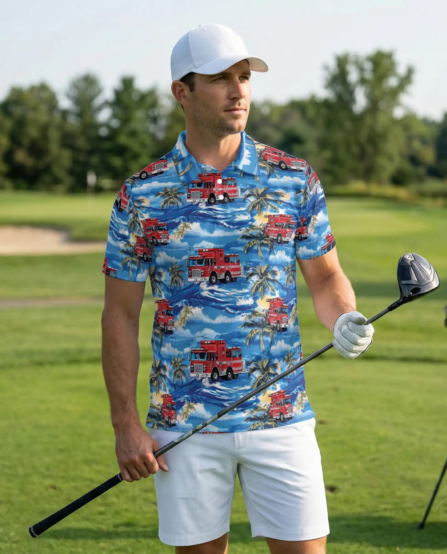 Fire Truck Hawaiian 3D Polo Shirt for Men – Tropical Firefighter Style | Azhobbyshop