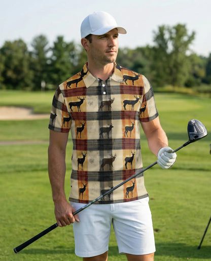 Deer Plaid 3D Polo Shirt for Men – Rustic Hunting Outdoor Style | Azhobbyshop