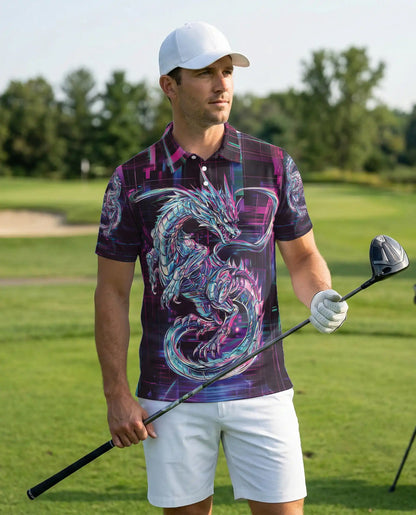 Cyberpunk Dragon 3D Polo Shirt for Men – Futuristic Neon Fantasy Style | Azhobbyshop