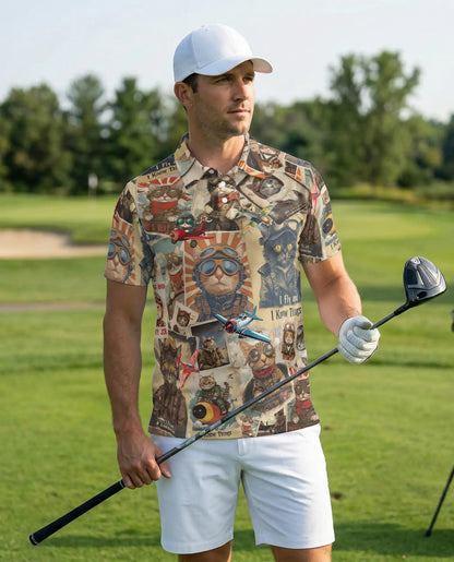 Vintage Pilot Cat Polo Shirt- Retro Aviator Cat Graphic Shirt | Azhobbyshop