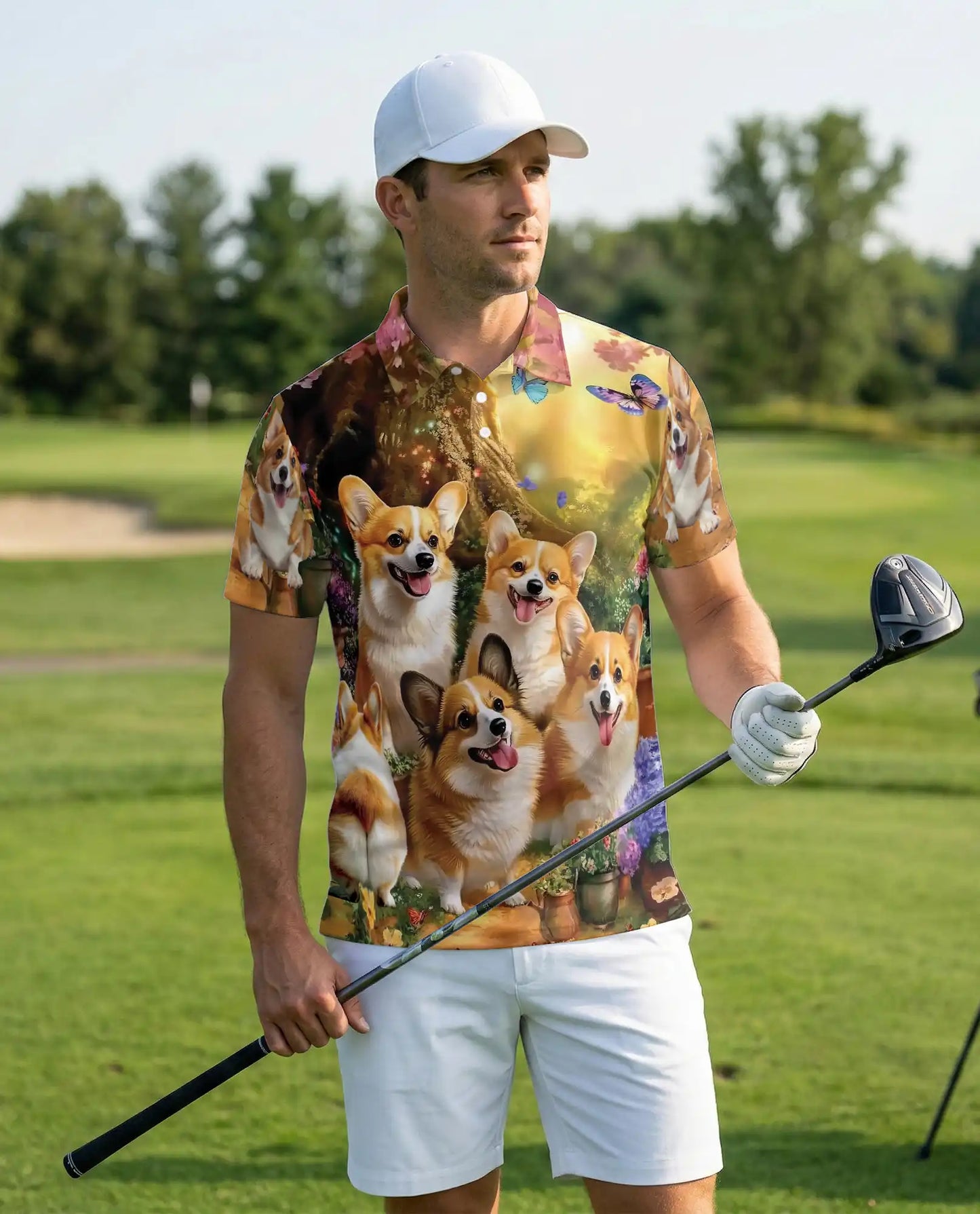 Corgi Dog 3D Polo Shirt for Men – Cute Puppy Garden Style | Azhobbyshop