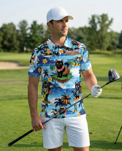 Black Cat Hawaiian 3D Polo Shirt for Men – Tropical Beach Cat Style | Azhobbyshop