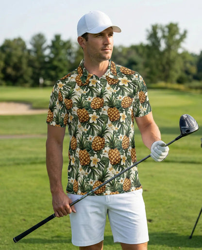 Pineapple Gold Tropical Floral Polo Shirt | Azhobbyshop