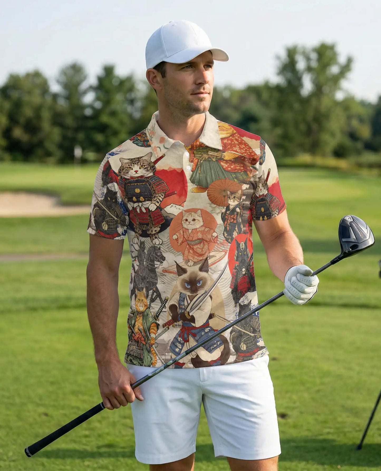 Japanese Samurai Cat 3D Polo Shirt for Men – Vintage Warrior Art Style | Azhobbyshop