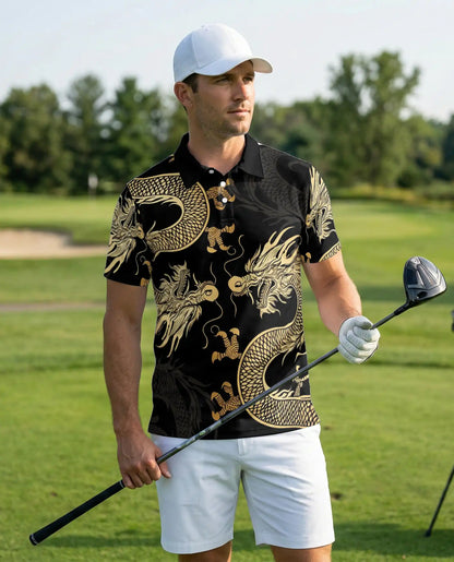 Golden Dragon 3D Polo Shirt for Men – Black Oriental Mythical Art Style | Azhobbyshop