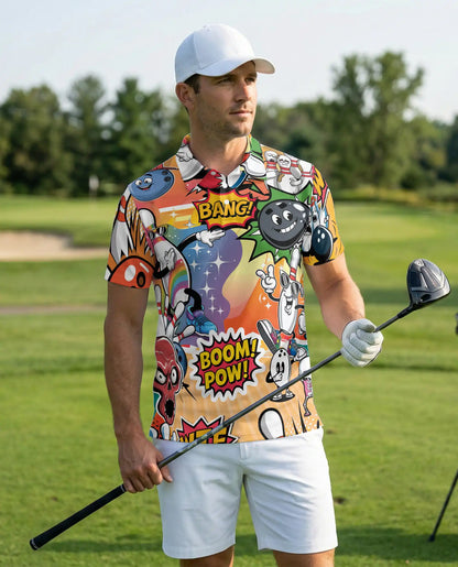 Comic Bowling Polo Shirt -Boom Pow Funny Bowling Graphic Shirt | Azhobbyshop